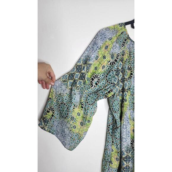 Spense Shirt Womens XL Green Blue Boho Peasant Tunic Top Bell Sleeve Print Flowy - Picture 4 of 7
